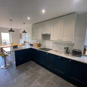 Blue and white smooth shaker kitchen - Options Kitchens Case Study