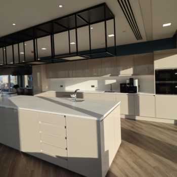 London - Dove Grey Breakout Area - Options Kitchens Case Study